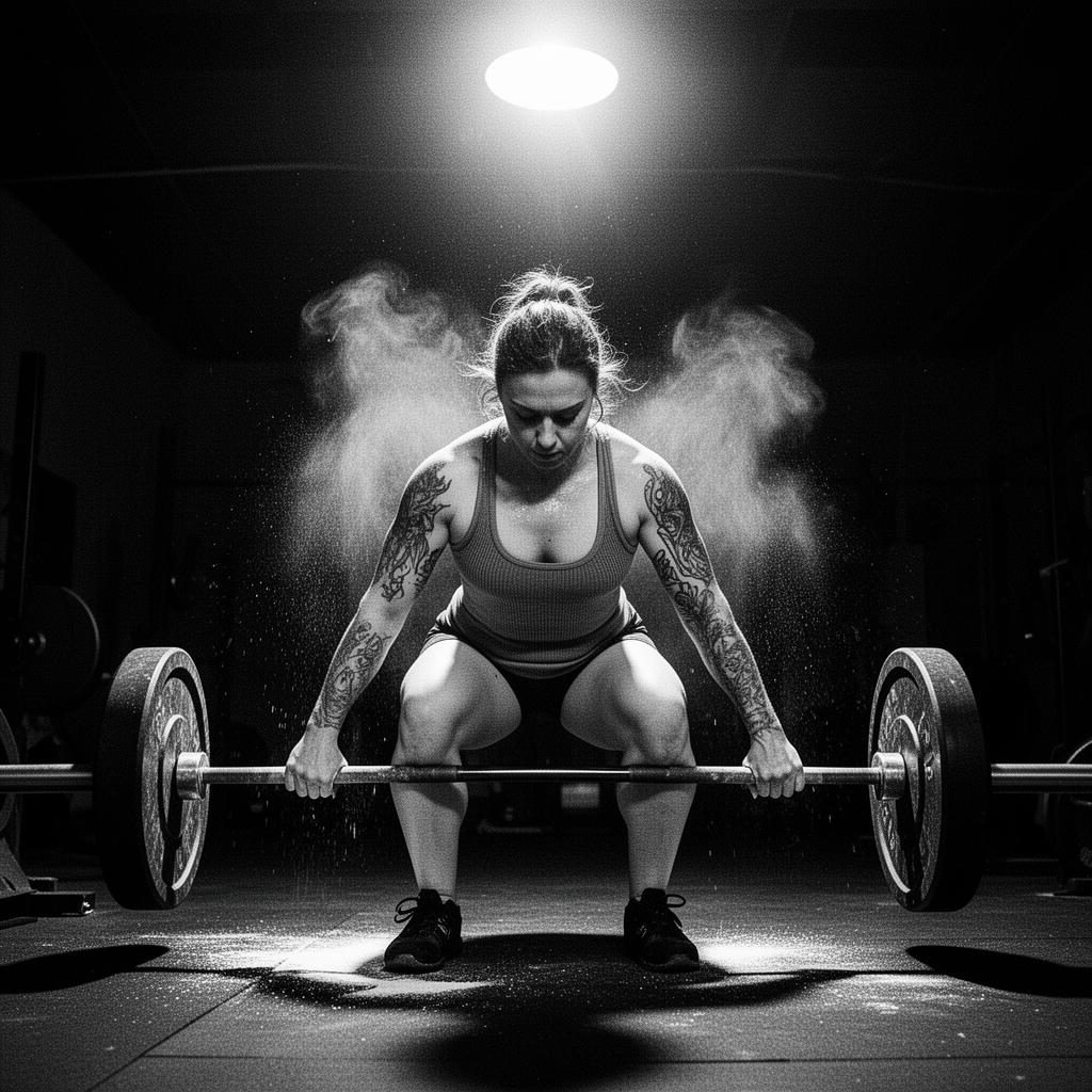 Lifter mid-pull, chalk in the air